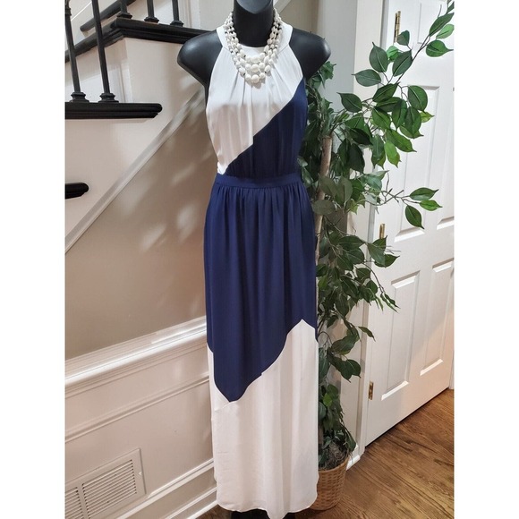 Shoshanna Blue & White Polyester Halter Sleeveless Long Maxi Dress Pockets 4 - Picture 14 of 15